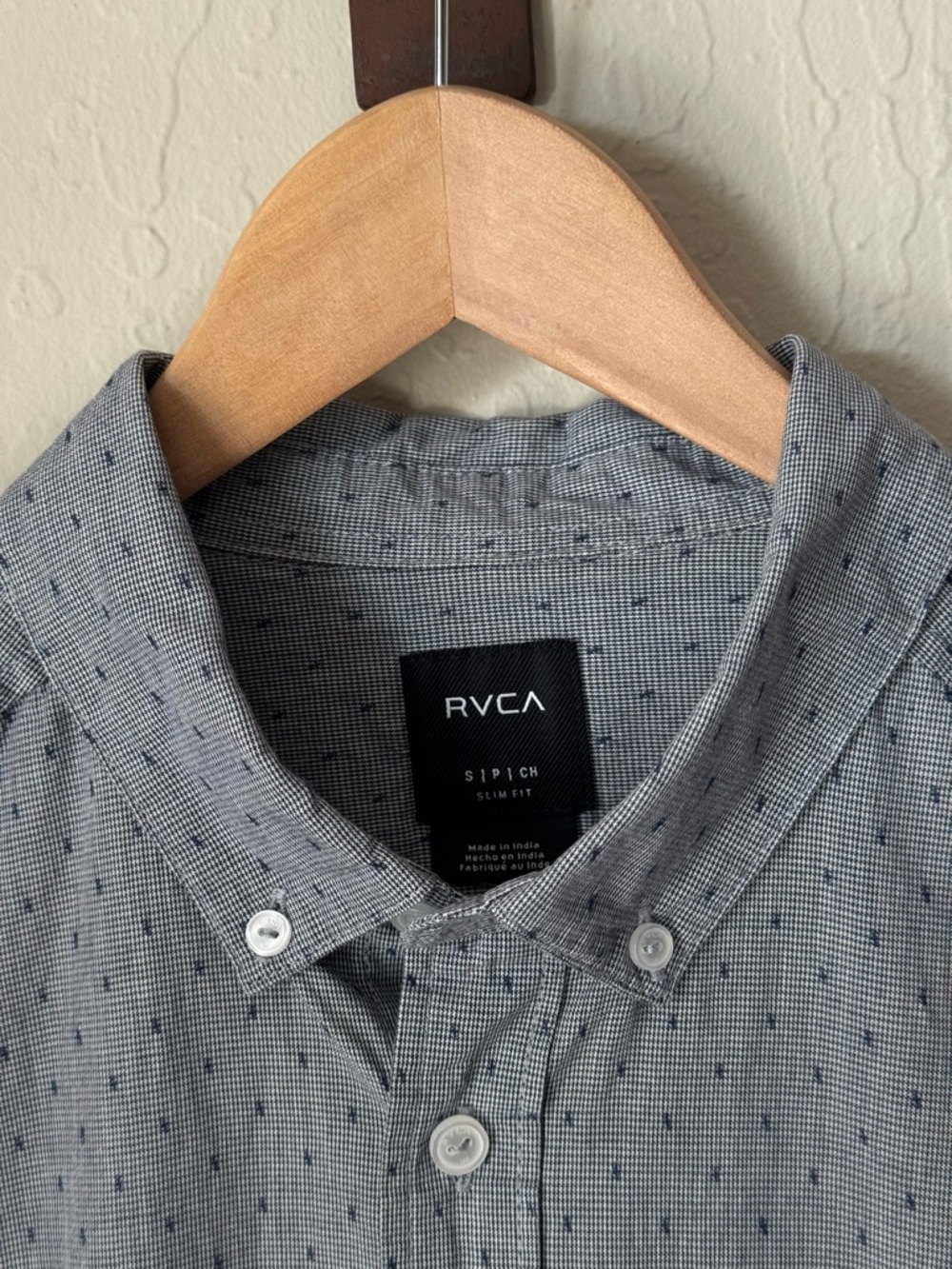 RVCA Blue Short Sleeve Button-Down Shirt Slim Fit with Subtle Dot Print Size S - Picture 3 of 14